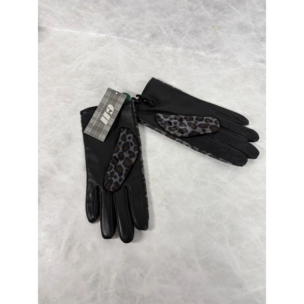 CII Fashion Accessories Women Leopard Faux Fur Leather Palm Gloves Grey‎ Large